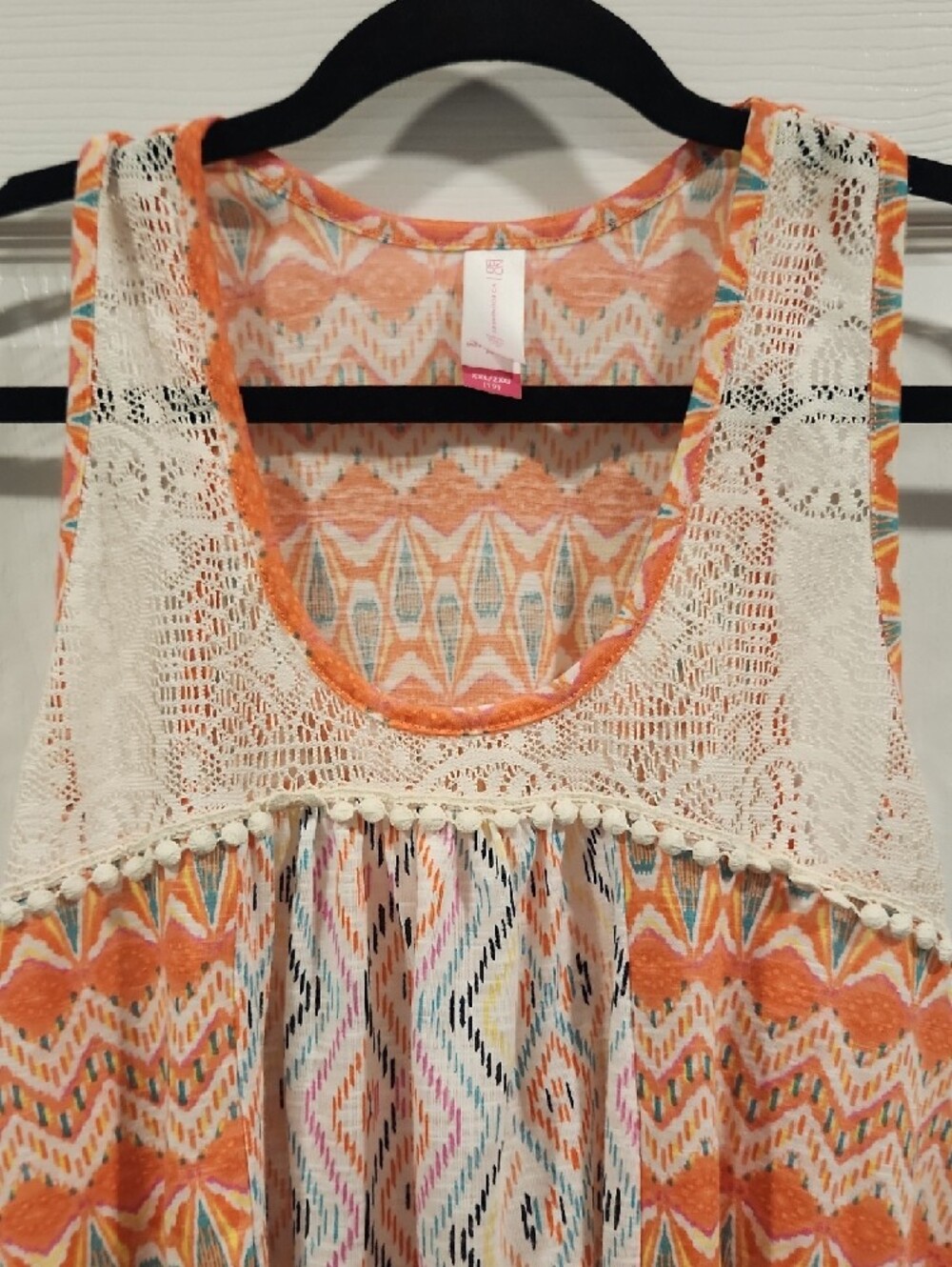 No Boundaries Orange and Cream Patterned Tank with Crochet Yoke - Picture 3 of 6